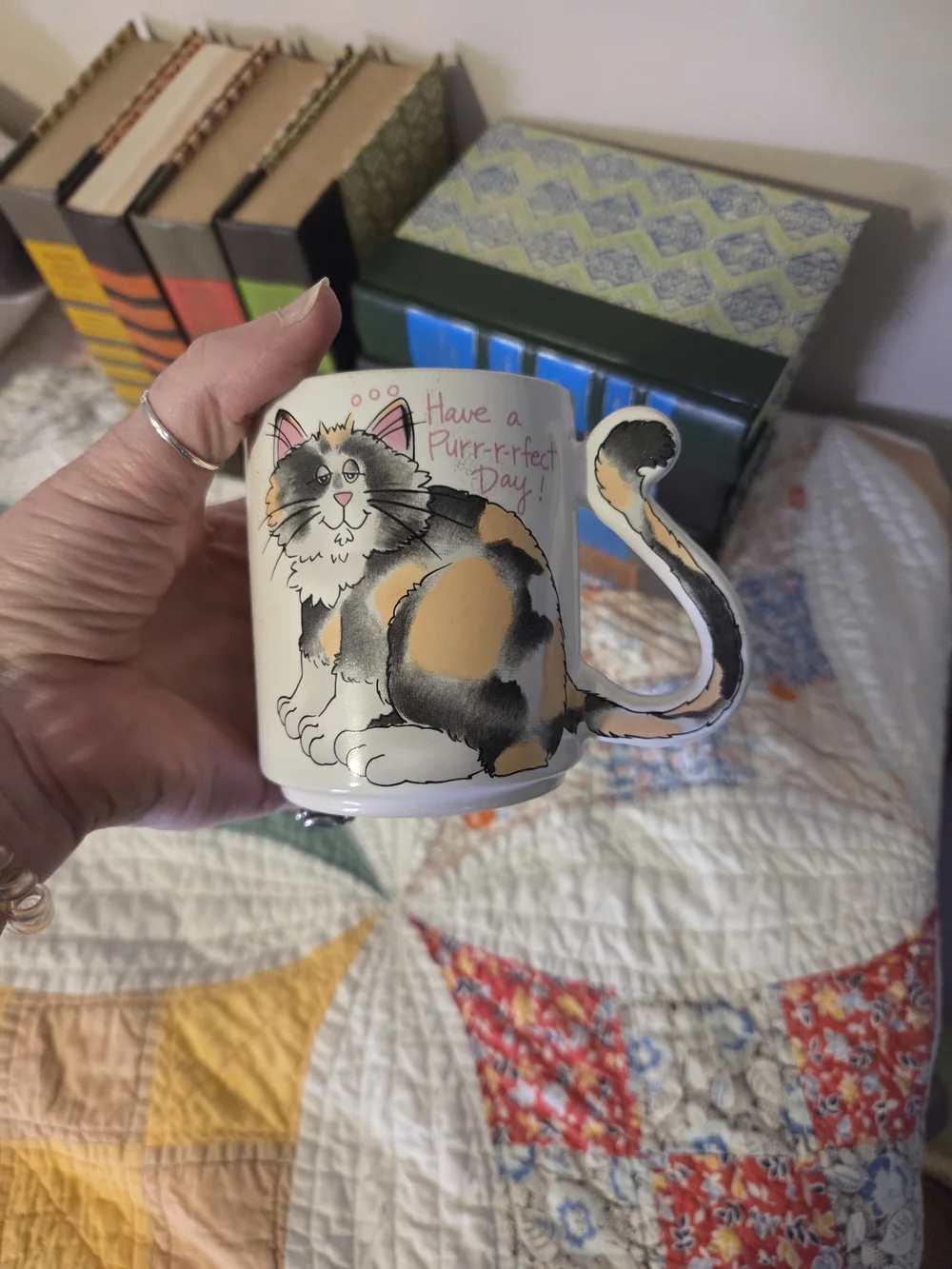 Vintage cat mug with tail handle cute Cottagecore grandma fun